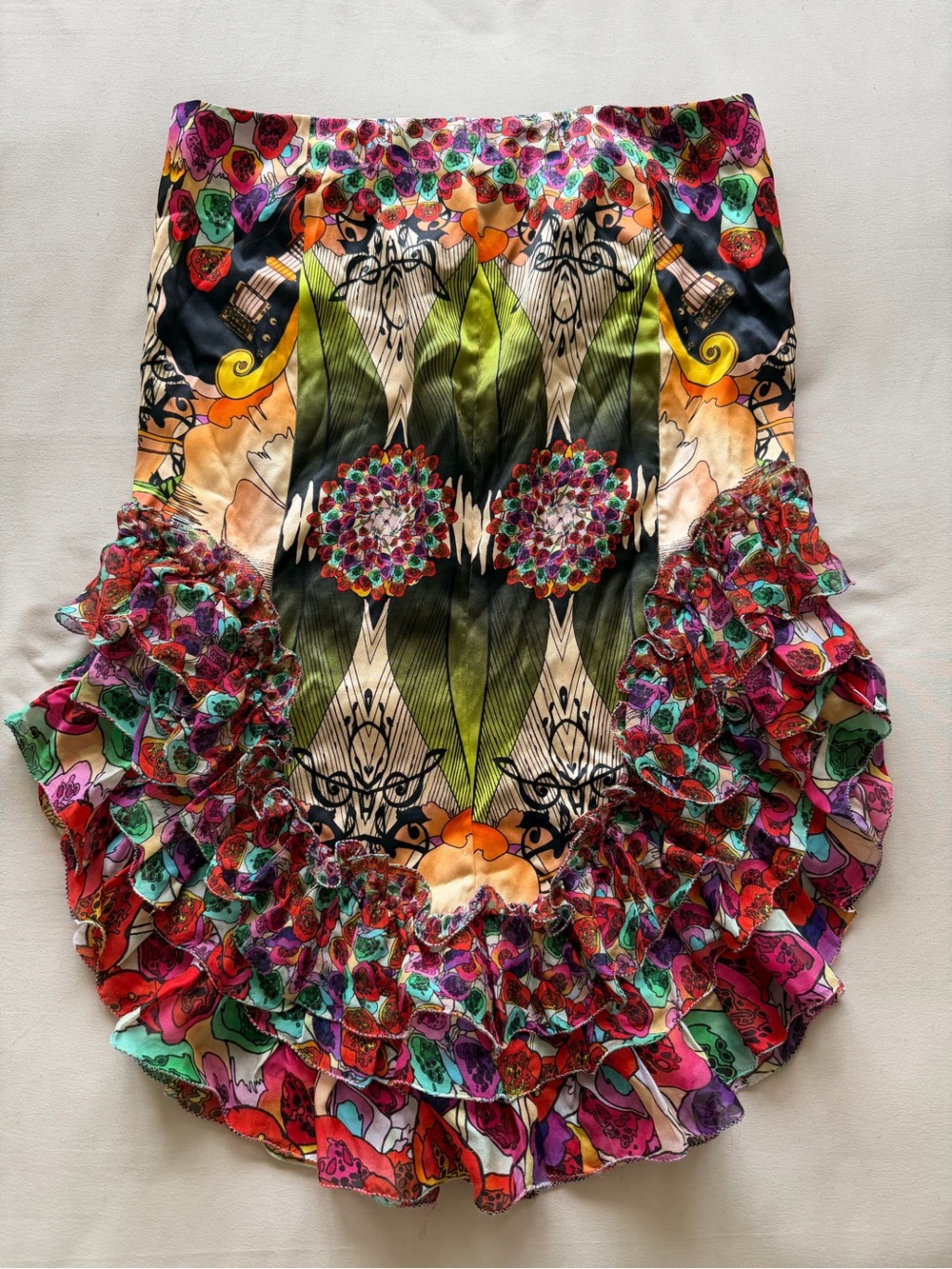 Vintage Multicolor Ruffle Pencil Skirt with Green Accents